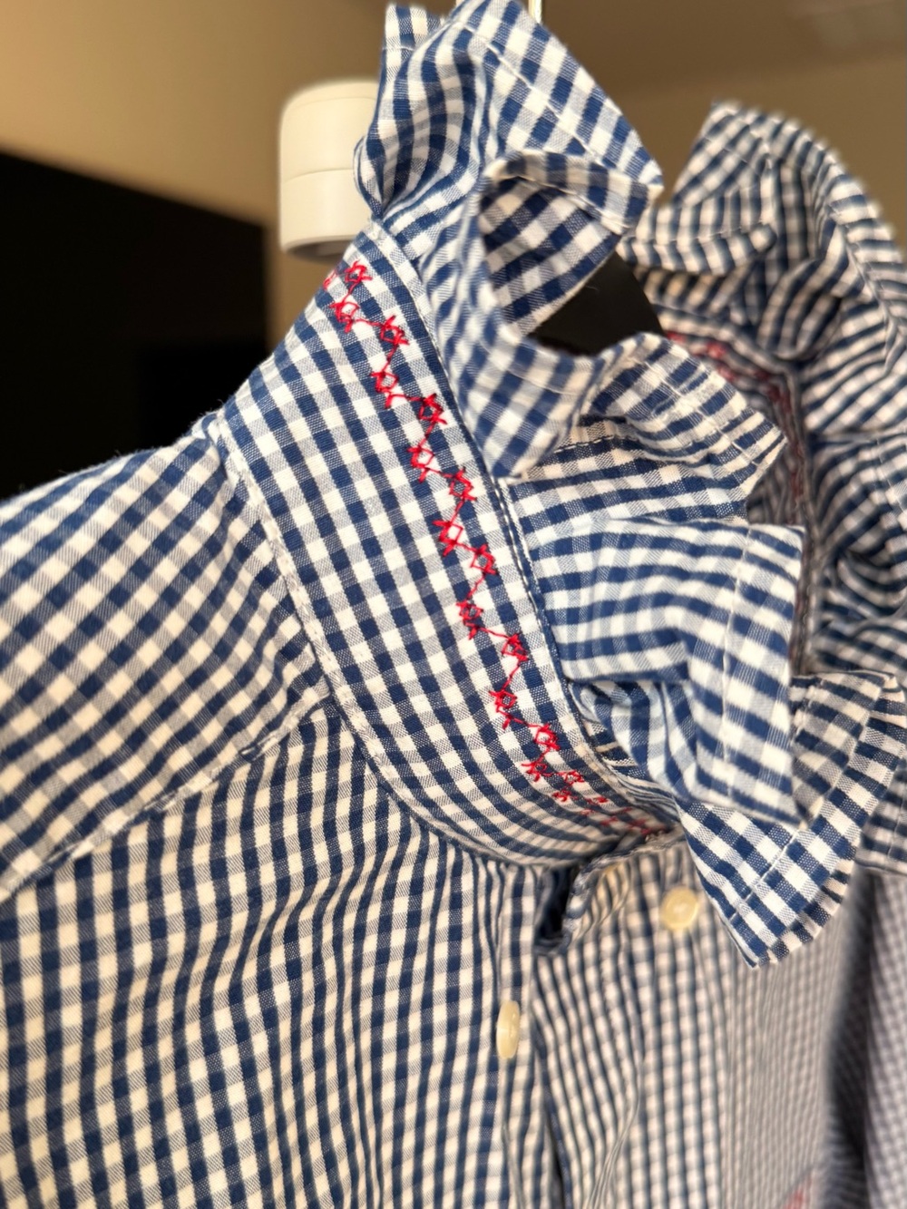 Blue White Gingham Upcycle Ruffle Blouse Red embroidery L